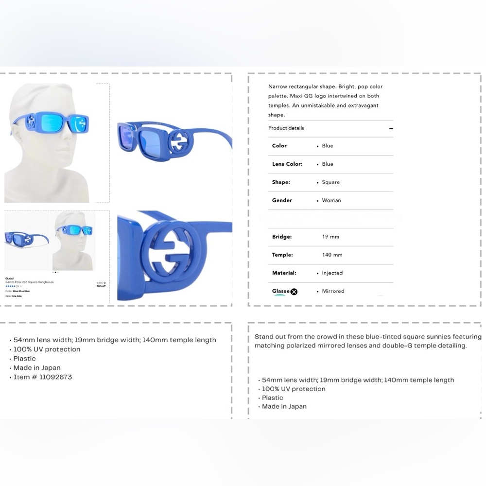 GUCCI SUNGLASSES STRIKING BLUE RECTANGULAR SUNGLASSES WITH BLUE MIRROR LENSES - Picture 11 of 16